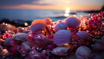 tranquille scène, coucher de soleil, violet ciels, littoral, des eaux bord, relaxation généré par ai photo