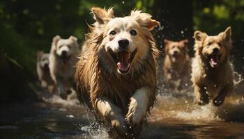 une mignon, espiègle chiot fonctionnement dans le humide été herbe généré par ai photo