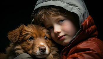 une mignonne chien et enfant, une portrait de animal relation amicale généré par ai photo