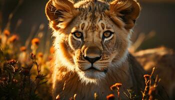 majestueux lionne cache dans plaine vue, regarder dans région sauvage tranquillité généré par ai photo