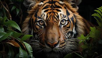 majestueux tigre, chat sauvage en regardant, rayé fourrure, féroce yeux, tropical forêt généré par ai photo