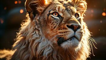 majestueux Lion en regardant, proche en haut, sauvage beauté dans nature, en danger espèce généré par ai photo