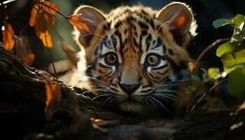 tigre cache dans le forêt, regarder avec beauté dans la nature généré par ai photo
