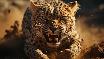 majestueux gros chat en marchant dans région sauvage, féroce et sauvage généré par ai photo