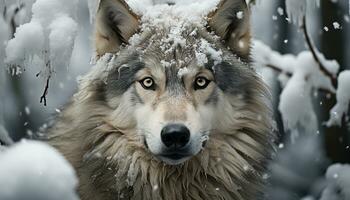 une mignonne hiver chien dans le neige, à la recherche à caméra généré par ai photo