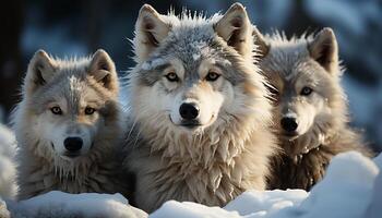 une mignonne Loup chiot dans le neigeux forêt, à la recherche à caméra généré par ai photo