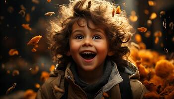 une mignon, souriant enfant jouit l'automne en plein air, entouré par la nature généré par ai photo