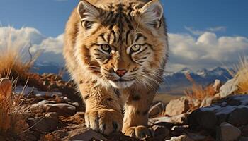 majestueux tigre, rayé fourrure, danger dans région sauvage, regarder à caméra généré par ai photo