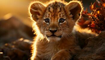 majestueux lion, rayé fourrure, à la recherche à caméra, sauvage beauté capturé généré par ai photo