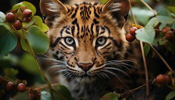 tigre cache, en regardant, proche en haut, rayé, sauvage, beau, dangereux, la nature généré par ai photo