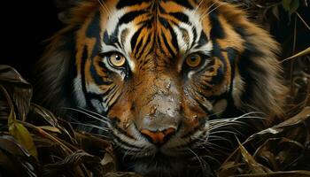 majestueux tigre, rayé beauté, regarder avec agression dans le sauvage généré par ai photo