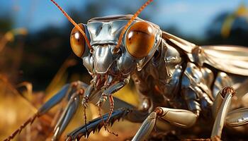 effrayant insecte avec tranchant griffe, en volant dans la nature vert forêt généré par ai photo