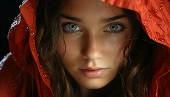 souriant femme, humide cheveux, goutte de pluie, beauté dans nature, à la recherche à caméra généré par ai photo