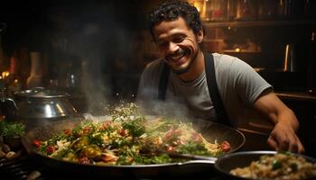 une souriant homme cuisine une en bonne santé repas dans le cuisine généré par ai photo