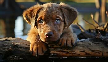 une mignonne chiot séance dans nature, à la recherche à le caméra généré par ai photo