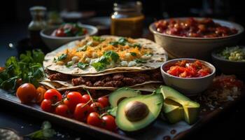 fraîcheur sur une assiette guacamole, tomate, avocat, Viande, et tortilla généré par ai photo