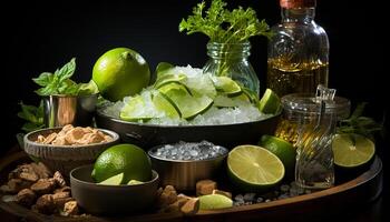 fraîcheur dans une bol agrumes fruit, feuille, avocat, fruit de mer, tomate généré par ai photo