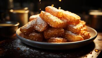 fraîcheur et douceur dans gourmet repas, dessert cuisine à l'intérieur avec chaleur généré par ai photo