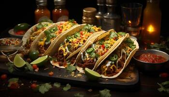 une délicieux mexicain repas avec grillé Viande, Frais légumes, et guacamole généré par ai photo