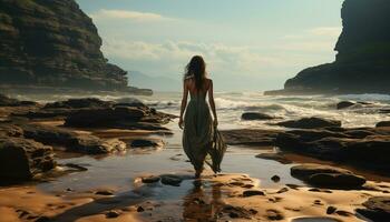 Jeune femme permanent sur une sablonneux plage, profiter le tranquille le coucher du soleil généré par ai photo