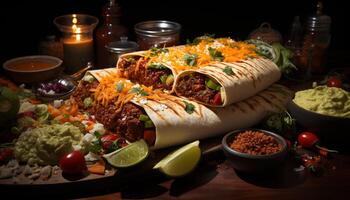 prêt à manger guacamole taco avec grillé Viande, Frais coriandre, et tomate généré par ai photo