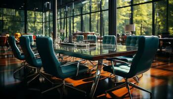 moderne Bureau avec verre les fenêtres, en bois chaises, et acier architecture généré par ai photo