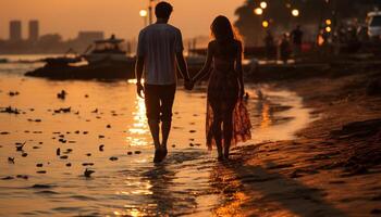 Jeune couple en marchant sur le plage, profiter le le coucher du soleil ensemble généré par ai photo