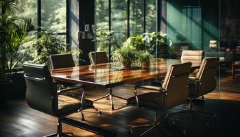 moderne Bureau avec une en bois bureau, verre fenêtre, et vide chaise généré par ai photo