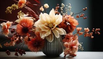 vase de fleurs, la nature décoration, feuille bouquet sur en bois table généré par ai photo