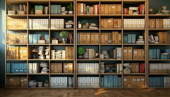une moderne étagère à livres dans une bibliothèque, rempli avec une grand collection généré par ai photo