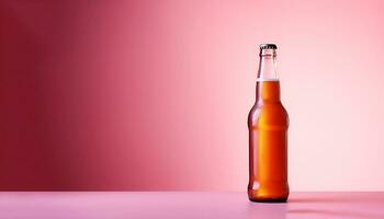 longue bannière. maquette, boisson bouteille, Cidre. un soda sans pour autant étiquette sur rose Contexte. génératif ai contenu photo