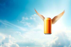 Jaune pouvez de Bière avec ailes dans le ciel. lumière bière, génératif ai contenu, photo