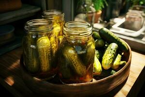 pot avec en conserve concombres, épices sur une en bois planche après cuisson. généré image photo