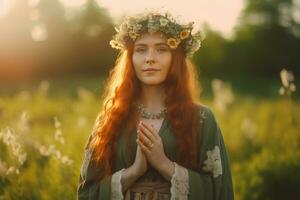 une Jeune femme dans une fleur couronne sur une ensoleillé prairie. photoréaliste image. ai généré. photo