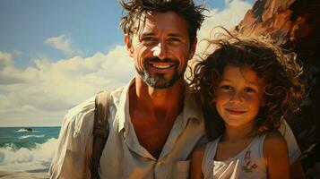 père et peu fille étreinte et sourire à le caméra. bien père concept photo