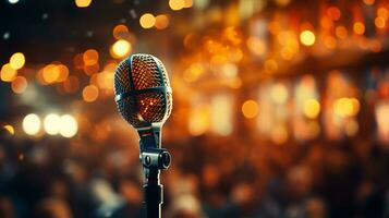 magnifique métal chrome rétro microphone pour en chantant et karaoké sur une flou Contexte photo