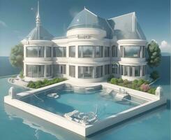 luxueux maison avec fleuri nager piscine, ai généré photo