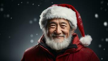 portrait de souriant asiatique Sénior homme dans Père Noël claus chapeau avec longue blanc barbe à la recherche à caméra contre foncé Contexte photo