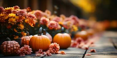 de fête l'automne décoration avec citrouilles, fleurs et tomber feuilles. action de grâces journée ou Halloween bannière concept. photo