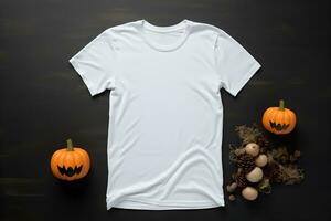 blanc aux femmes T-shirt Halloween maquette avec citrouilles et feuilles sur foncé Contexte. conception t chemise modèle, impression présentation moquer en haut. Haut vue plat poser. généré ai. photo