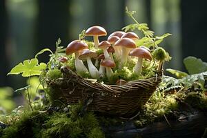 fraîchement choisi champignons dans une panier sur le l'automne, tomber forêt Contexte. photo