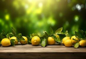 en bois table avec citron des fruits et gratuit espace sur la nature flou Contexte. généré ai. photo