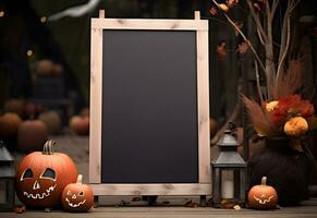 Halloween Bienvenue enseigne maquette avec citrouilles, lanterne et déchue feuilles. noir planche avec l'automne vacances décoration avec copie espace. généré ai. photo