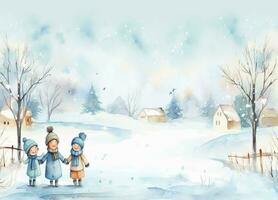 aquarelle illustration de les enfants dans le l'hiver. aquarelle fait main.a vif illustration pour votre conception et décoration. photo