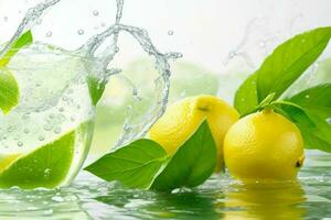 l'eau éclabousser sur citrons et vert thé feuille. ai génératif pro photo