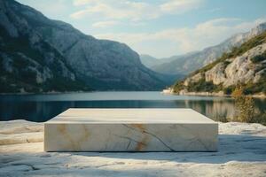 marbre rectangulaire podium contre une toile de fond de magnifique la nature. blanc podium, étape pour produit présentation. photo