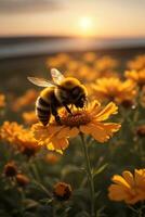 abeille sur une Jaune fleur dans une été Prairie photo