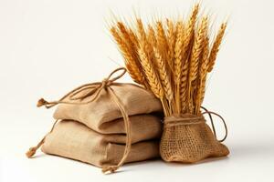 sac de blé et oreilles de blé sur une blanc Contexte. qualité des produits, en bonne santé en mangeant photo