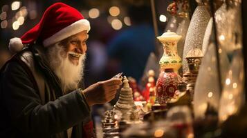 ai génératif image de gens dans une Noël marché à la recherche à ornements en buvant Réchauffé du vin photo