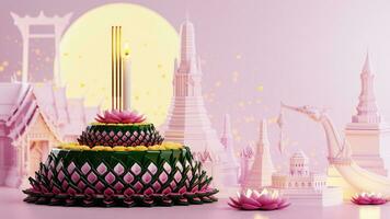 3d le rendu illustration loy Krathong Festival et yi peng Festival dans Thaïlande Krathong de banane feuilles, fleurs, bougies et encens des bâtons, pleine lune, rivière, et nuit Contexte couleur. photo